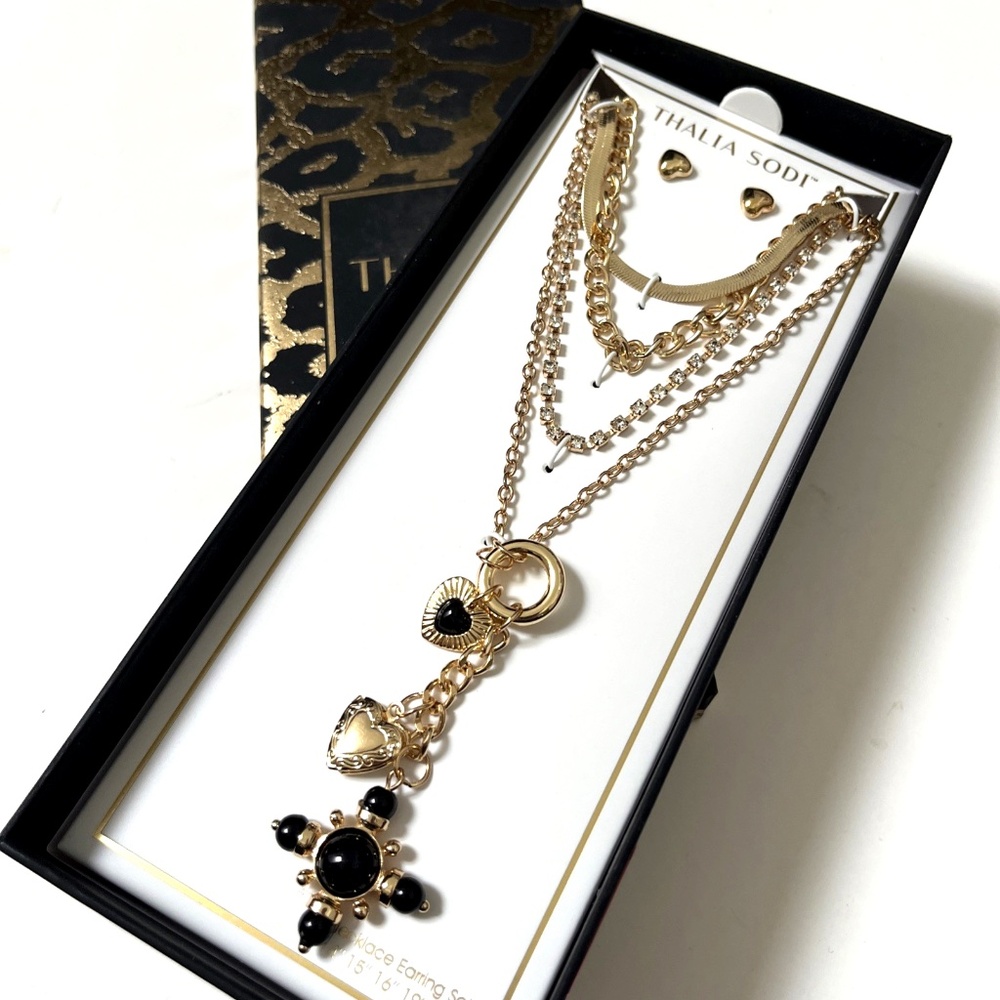 New in Box 2pc TALIA SODI Heart & Cross Layered Pendant Necklace & Stud Earrings